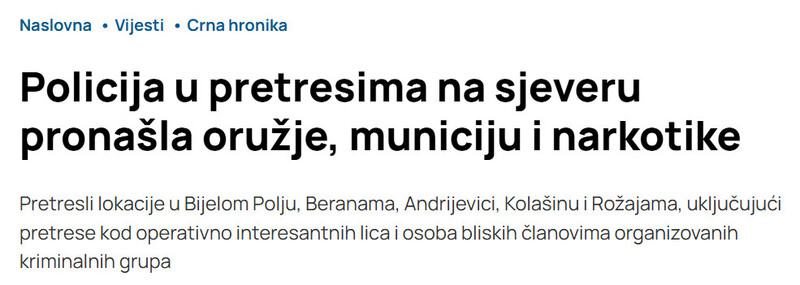 Montenegro-avmp/Policija-u-pretresima-na-sjeveru-pronasla-oruzje-municiju-i-narkotike_1