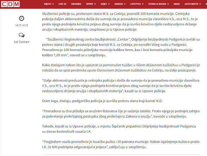 Montenegro-avmp/Policija_-Pronadeno-preko-100-komada-municije-na-Cetinju-podnijeta-krivic
