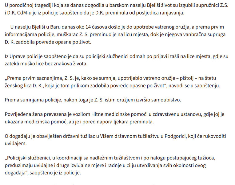 Montenegro-avmp/Porodicna-tragedija-u-Baru-Ubio-suprugu-pa-izvrsio-samoubistvo