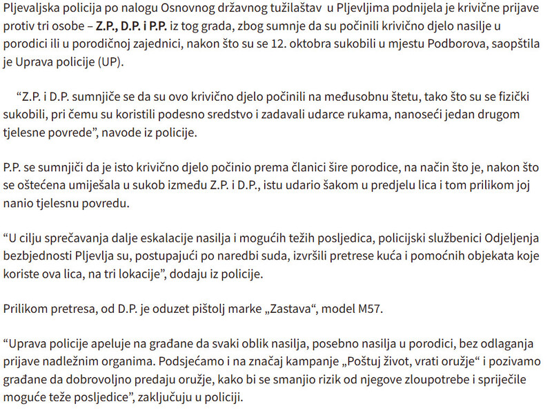 Montenegro-avmp/Porodicni-sukob-kod-Pljevalja-Tri-osobe-osumnjicene-oduzet-pistolj