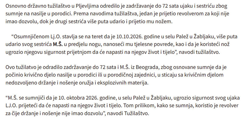 Montenegro-avmp/Porodicni-sukob-na-Zabljaku-Ujak-i-sestric-osumnjiceni-za-nasilje-jedan-prijetio-revolverom-drugi-nozem-odredeno-im-zadrzavanje_1