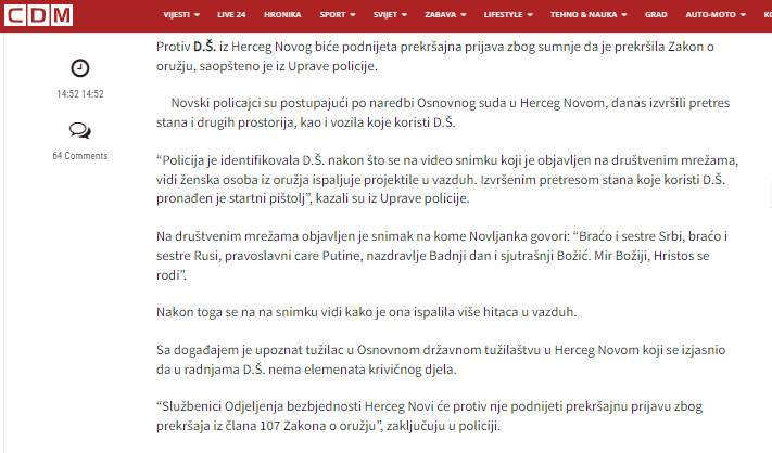 Montenegro-avmp/Prekrsajna-prijava-protiv-Novljanke-koja-je-pucala-na-Badnje-vece---CdM