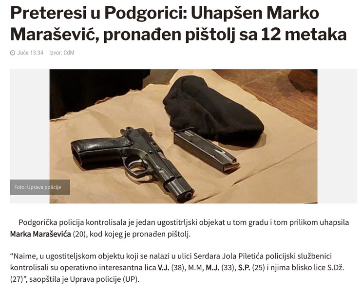 Montenegro-avmp/Preteresi-u-Podgorici_-Uhapsen-Marko-Marasevic-pronaden-pistolj-sa-12-meta