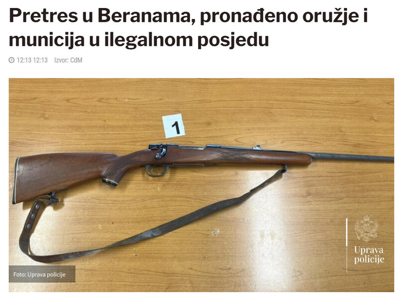 Montenegro-avmp/Pretres-u-Beranama-pronadeno-oruzje-i-municija-u-ilegalnom-posjedu_1