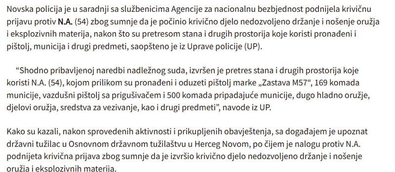 Montenegro-avmp/Pretres-u-Herceg-Novom-Oduzeti-pistolji-municija-sredstva-za-vezivanje