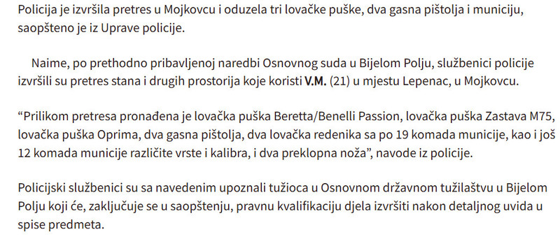 Montenegro-avmp/Pretres-u-Mojkovcu-oduzeto-pet-komada-oruzja-i-municija_1