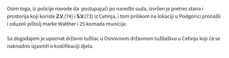 Montenegro-avmp/Pretresi-na-Cetinju-i-u-Podgorici_-Uhapsena-jedna-osoba-oduzeto-oruzje-mun_1
