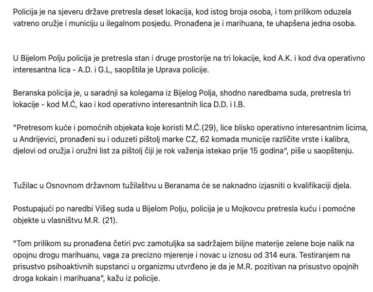 Montenegro-avmp/Pretresi-na-sjeveru---oduzeto-vatreno-oruzje-i-municija-jedna-osoba-uhapse