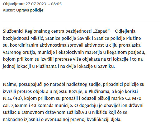 Montenegro-avmp/Pretresi-na-tri-lokacije-u-Pluzinama-i-Savniku-oduzeto-oruzje-i-municija