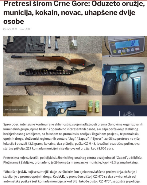 Montenegro-avmp/Pretresi-sirom-Crne-Gore_-Oduzeto-oruzje-municija-kokain-novac-uhapsene-dv