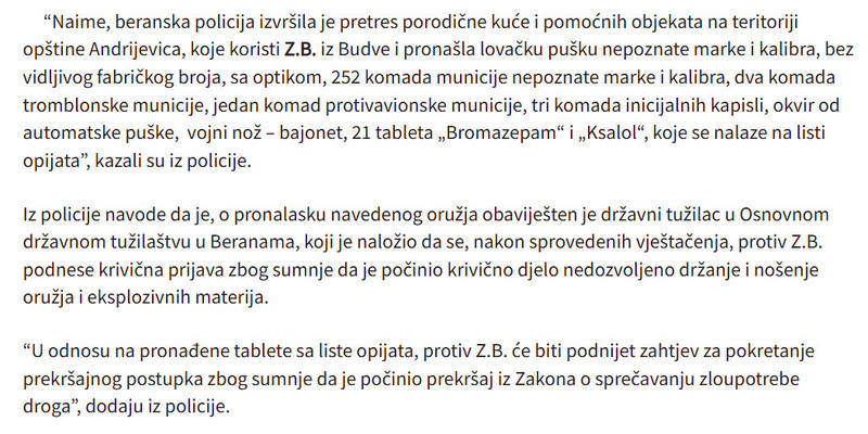 Montenegro-avmp/Pretresi-u-Andrijevici-i-Rozajama-Oduzeto-oruzje-municija-maceta