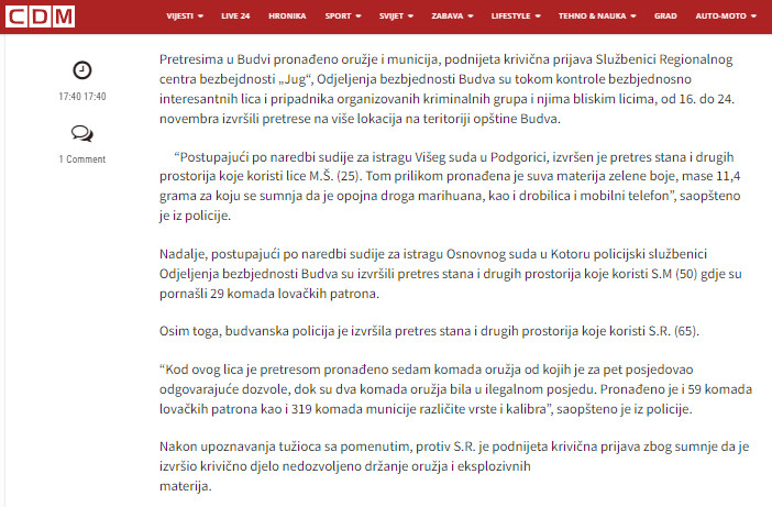 Montenegro-avmp/Pretresi-u-Budvi_-Pronadeno-oruzje-i-municija-podnijeta-krivicna-prijava-_1