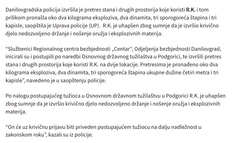 Montenegro-avmp/Pretresi-u-Danilovgradu_-Pronaden-eksploziv-i-dinamit-jedna-osoba-uhapsena