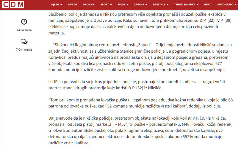Montenegro-avmp/Pretresi-u-Niksicu-Oduzeto-oruzje-eksploziv-i-677-komada-municije-uhapsene-dvije-osobe---CdM_1