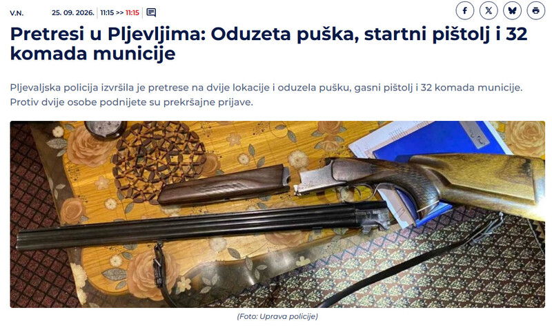 Montenegro-avmp/Pretresi-u-Pljevljima-Oduzeta-puska-startni-pistolj-i-32-komada-municije_1