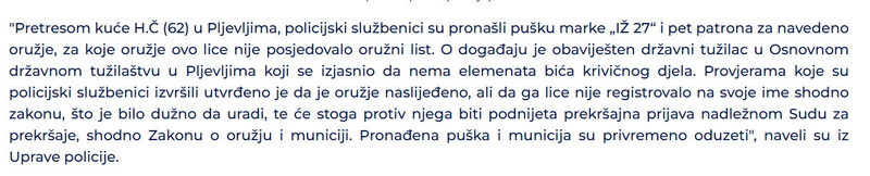 Montenegro-avmp/Pretresi-u-Pljevljima-Oduzeta-puska-startni-pistolj-i-32-komada-municije