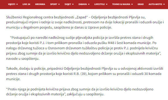 Montenegro-avmp/Pretresi-u-Pljevljima_-Krivicna-prijava-protiv-dvije-osobe-pronadeno-oruz