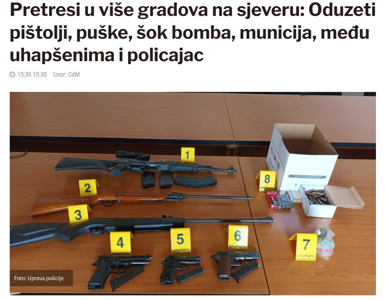 Montenegro-avmp/Pretresi-u-vise-gradova-na-sjeveru-Oduzeti-pistolji-puske-sok-bomba-municija-medu-uhapsenima-i-policajac_1