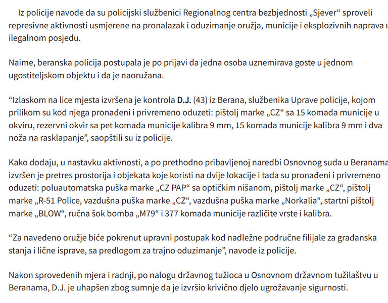 Montenegro-avmp/Pretresi-u-vise-gradova-na-sjeveru-Oduzeti-pistolji-puske-sok-bomba-municija-medu-uhapsenima-i-policajac