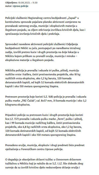 Montenegro-avmp/Pretresima-na-dvije-lokacije-u-Niksicu-pronaden-arsenal-oruzja-i-oko-10kg-eksploziva