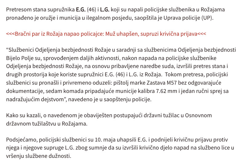 Montenegro-avmp/Pretresli-stan-bracnog-para-koji-je-napao-policajce-u-Rozajama-oduzeto-oru_1