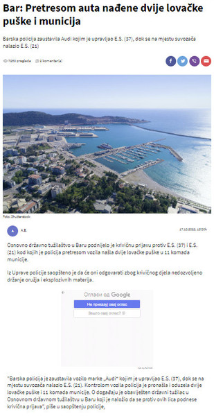 Montenegro-avmp/Pretresom-auta-nadene-dvije-lovacke-puske-i-municija