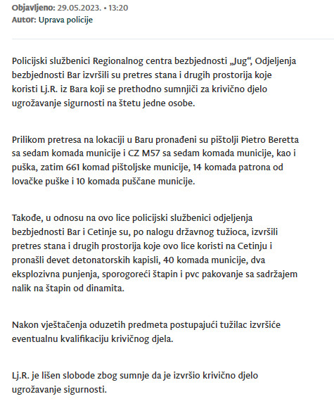 Montenegro-avmp/Pretresom-na-dvije-lokacije-kod-jednog-lica-pronadeno-oruzje-municija