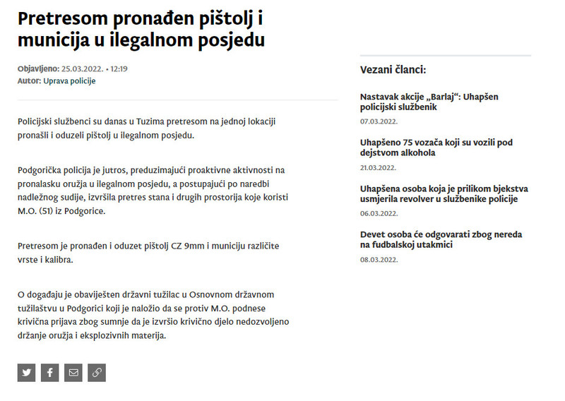 Montenegro-avmp/Pretresom-pronaden-pistolj-i-municija-u-ilegalnom-posjedu
