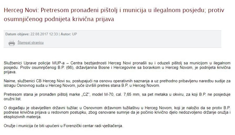 Montenegro-avmp/Pretresom-pronadeni-pistolj-i-municija-u-ilegalnom-posjedu-protiv-osumnjic