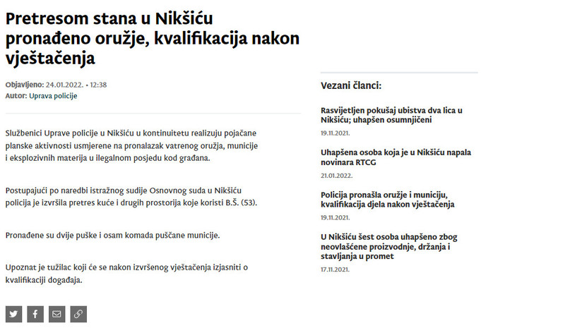 Montenegro-avmp/Pretresom-stana-u-Niksicu-pronadeno-oruzje-kvalifikacija-nakon-vjestacenja