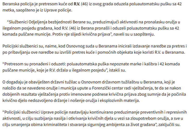 Montenegro-avmp/Pretresom-u-Beranama-od-zenske-osobe-oduzeta-poluautomatska-puska-sa-42-metka