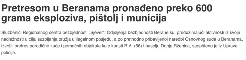 Montenegro-avmp/Pretresom-u-Beranama-pronadeno-preko-600-grama-eksploziva-pistolj-i-munici