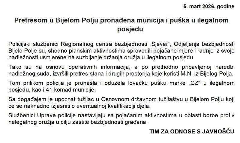 Montenegro-avmp/Pretresom-u-Bijelom-Polju-pronadena-municija-i-puska-u-ilegalnom-posjedu_1