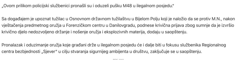 Montenegro-avmp/Pretresom-u-Bijelom-Polju-pronadena-puska-u-ilegalnom-posjedu-krivicna-pri_2