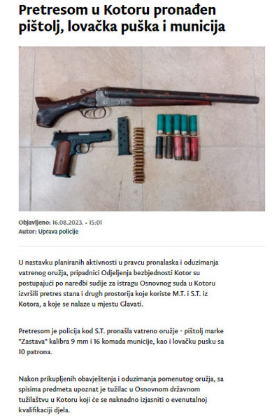 Montenegro-avmp/Pretresom-u-Kotoru-pronaden-pistolj-lovacka-puska-i-municija