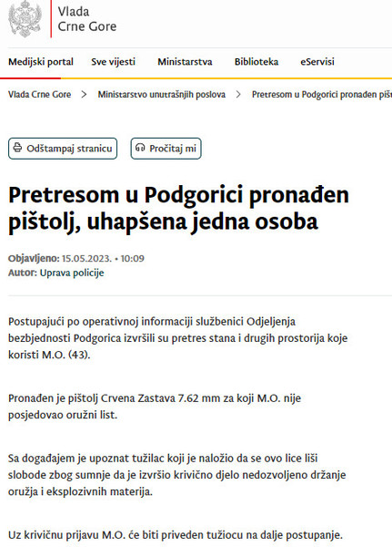 Montenegro-avmp/Pretresom-u-Podgorici-pronaden-pistolj-uhapsena-jedna-osoba