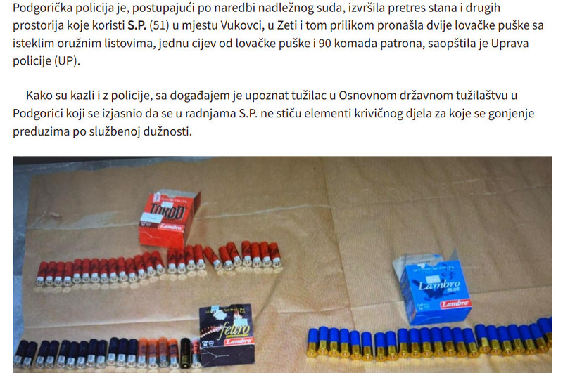 Montenegro-avmp/Pretresom-u-Zeti-pronadene-dvije-lovacke-puske-i-90-patrona