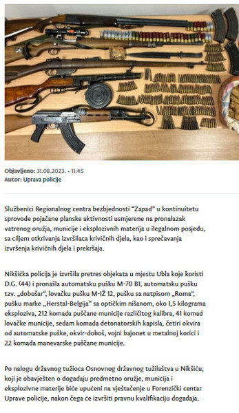 Montenegro-avmp/Pretresom-u-mjestu-Ubla-pronadeno-pet-pusaka-municija-kilogram-i-po-ekspl