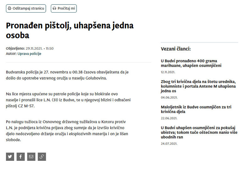 Montenegro-avmp/Pronaden-pistolj-uhapsena-jedna-osoba