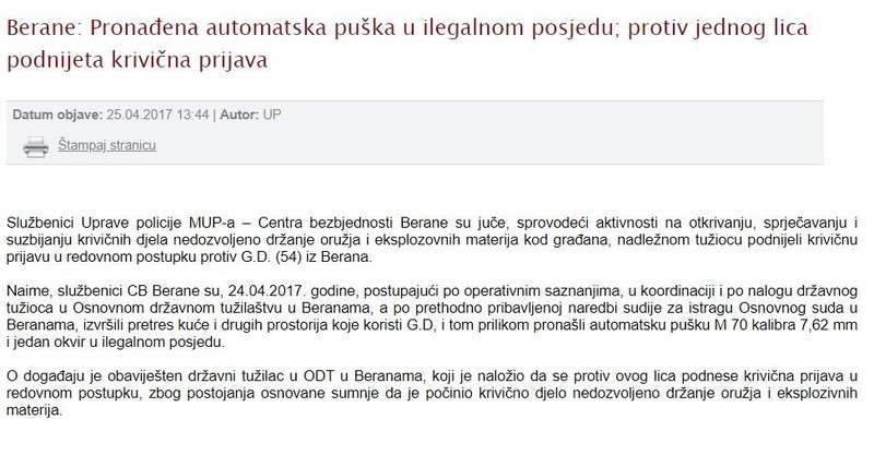 Montenegro-avmp/Pronadena-automatska-puska-u-ilegalnom-posjedu