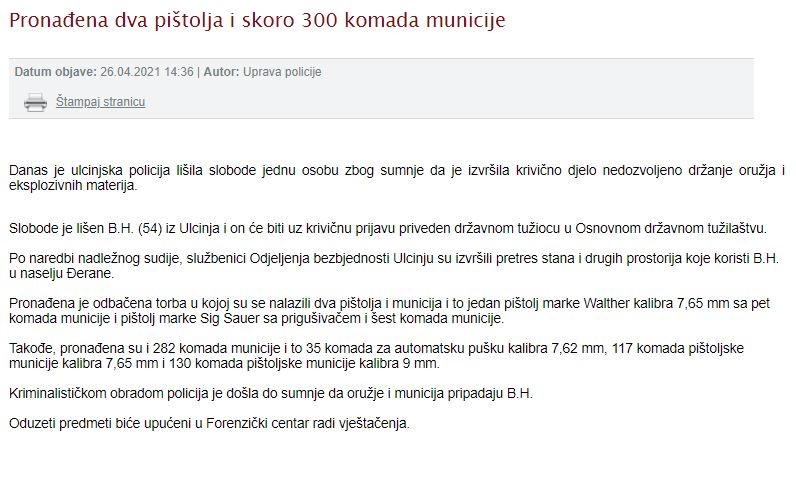 Montenegro-avmp/Pronadena-dva-pistolja-i-skoro-300-komada-municije