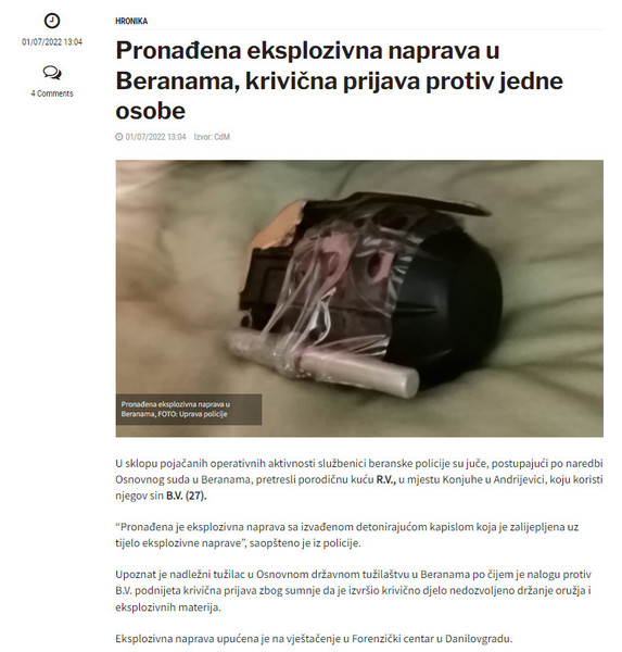 Montenegro-avmp/Pronadena-eksplozivna-naprava-u-Beranama-krivicna-prijava-protiv-jedne-oso
