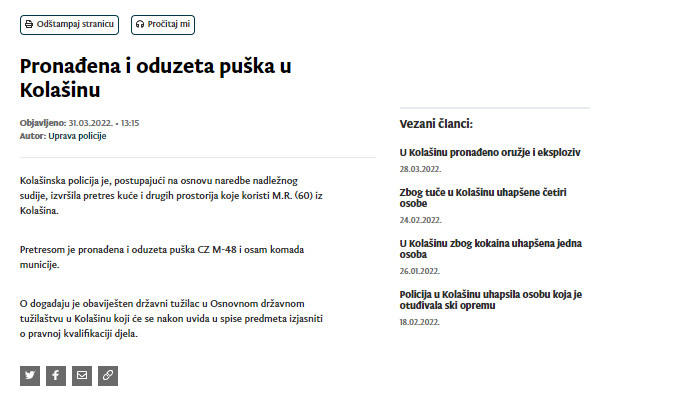 Montenegro-avmp/Pronadena-i-oduzeta-puska-u-Kolasinu