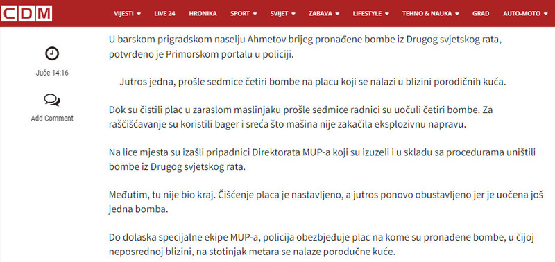 Montenegro-avmp/Pronadene-bombe-iz-Drugog-svjetskog-rata-na-placu