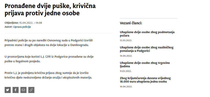 Montenegro-avmp/Pronadene-dvije-puske-krivicna-prijava-protiv-jedne-osobe