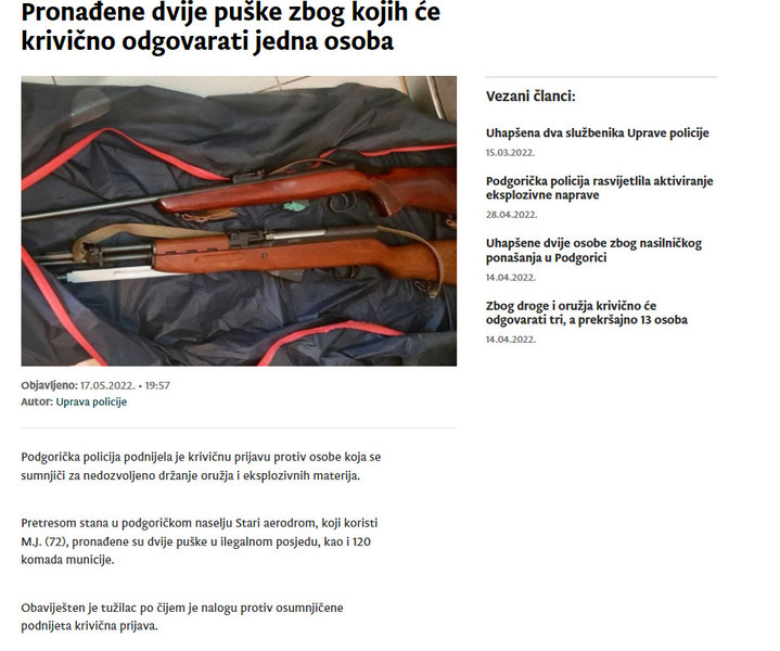 Montenegro-avmp/Pronadene-dvije-puske-zbog-kojih-ce-krivicno-odgovarati-jedna-osoba