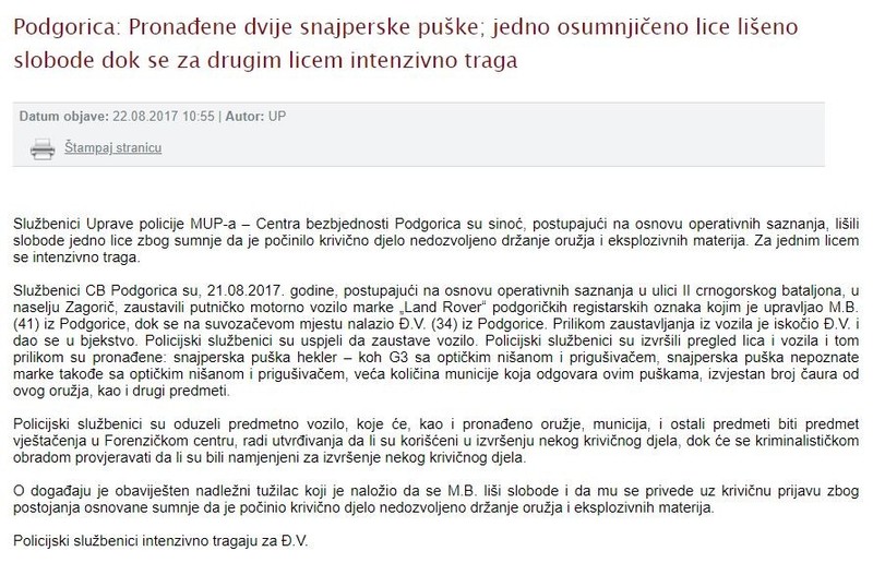 Montenegro-avmp/Pronadene-dvije-snajperske-puske-jedno-osumnjiceno-lice-liseno-slobode-dok