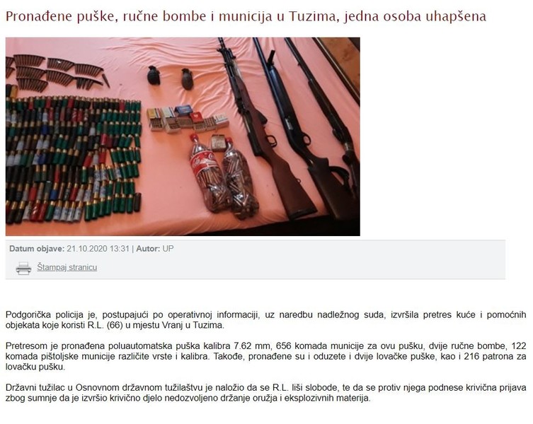 Montenegro-avmp/Pronadene-puske-rucne-bombe-i-municija-u-Tuzima-jedna-osoba-uhapsena