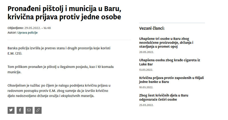 Montenegro-avmp/Pronadeni-pistolj-i-municija-u-Baru-krivicna-prijava-protiv-jedne-osobe