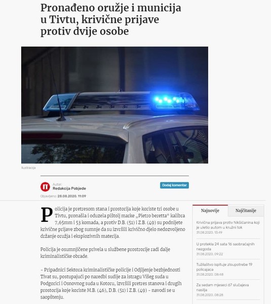 Montenegro-avmp/Pronadeno-oruzje-i-municija-u-Tivtu-krivicne-prijave-protiv-dvije-osobe
